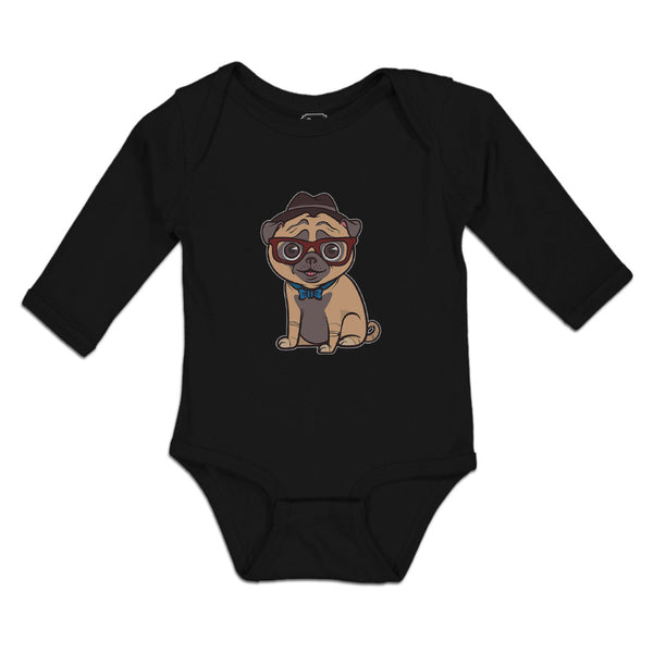 Long Sleeve Bodysuit Baby Pug on Hat and Sunglass with Bow Tie Sitting Cotton