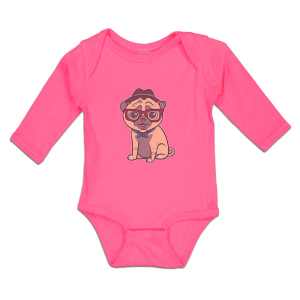 Long Sleeve Bodysuit Baby Pug on Hat and Sunglass with Bow Tie Sitting Cotton