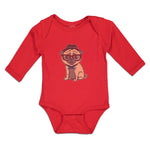 Long Sleeve Bodysuit Baby Pug on Hat and Sunglass with Bow Tie Sitting Cotton