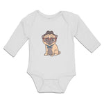 Long Sleeve Bodysuit Baby Pug on Hat and Sunglass with Bow Tie Sitting Cotton