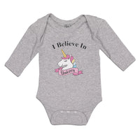 Long Sleeve Bodysuit Baby I Believe in Unicorn with Single Horned Cotton - Cute Rascals