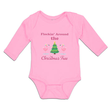 Long Sleeve Bodysuit Baby Flockin' Around The Christmas Tree with Flamingo Birds