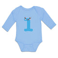 Long Sleeve Bodysuit Baby Numeric 1 Shows Birthday Sign with Funny Face Cotton