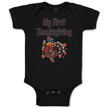 Baby Clothes Thanksgiving Day Turkey Bird in Pilgrim Hat Holds Leaves Cotton