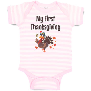 Baby Clothes Thanksgiving Day Turkey Bird in Pilgrim Hat Holds Leaves Cotton