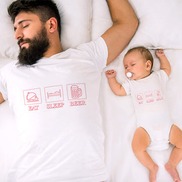 Daddy and Baby Matching Outfits Eat Sleep Beer Food Bed Glass - Milk Bed Bottle